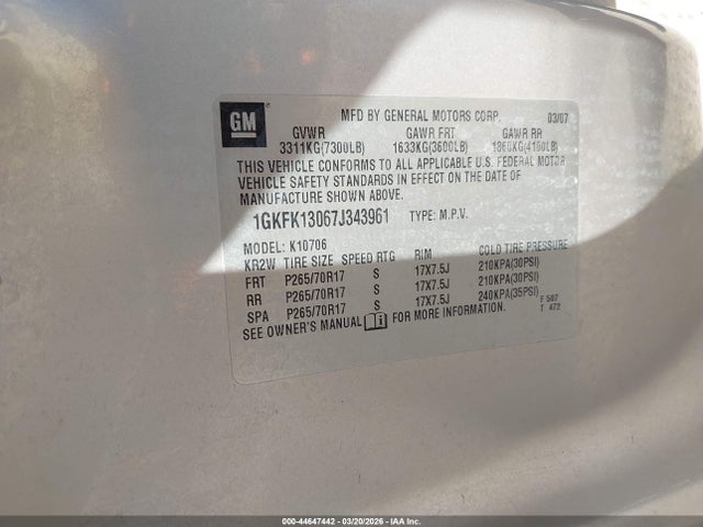 2007 Gmc Yukon Slt მანქანა იყიდება აუქციონზე, vin: 1GKFK13067J343961, აუქციონის ნომერი: 44647442