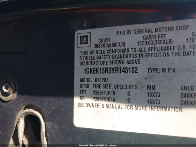 2000 Gmc Yukon Denali მანქანა იყიდება აუქციონზე, vin: 1GKEK13R3YR143102, აუქციონის ნომერი: 44647446