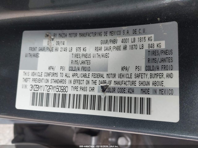 2015 Mazda Mazda3 I Touring მანქანა იყიდება აუქციონზე, vin: 3MZBM1V72FM150980, აუქციონის ნომერი: 44647454
