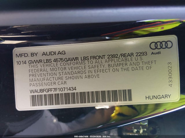 Aukcja sprzedaży 2015 Audi A3 2.0t Premium, vin: WAUBFGFF7F1071434, numer aukcji: 44647456