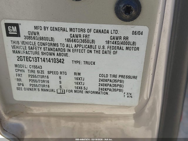 Aukcja sprzedaży 2004 Gmc Sierra 1500 Sle, vin: 2GTEC13T141410342, numer aukcji: 44647474