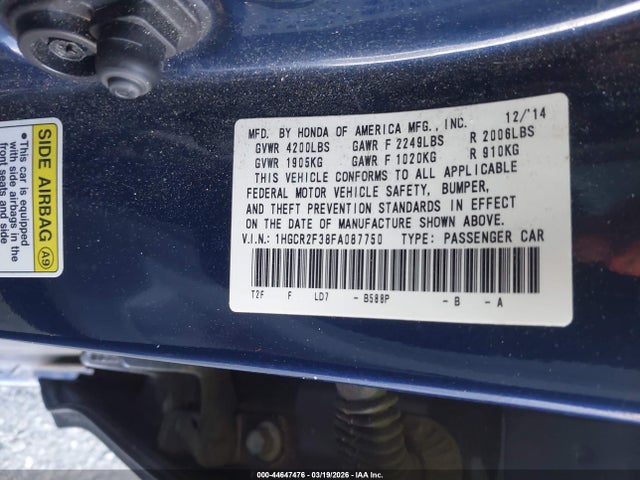 Honda ACCORD LX 2015 1HGCR2F38FA087750 Image 9