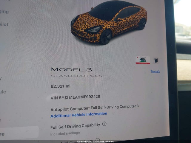 2021 Tesla Model 3 Standard Range Plus Rear-wheel Drive მანქანა იყიდება აუქციონზე, vin: 5YJ3E1EA9MF992426, აუქციონის ნომერი: 44647512