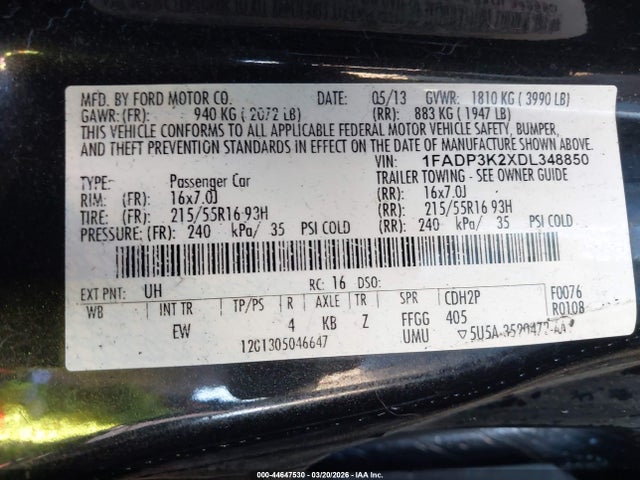Продажа на аукционе авто 2013 Ford Focus Se, vin: 1FADP3K2XDL348850, номер лота: 44647530