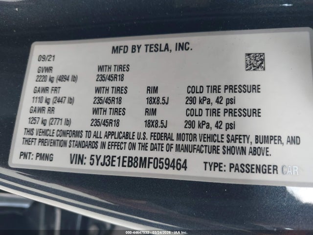 Aukcja sprzedaży 2021 Tesla Model 3 Long Range Dual Motor All-wheel Drive, vin: 5YJ3E1EB8MF059464, numer aukcji: 44647532
