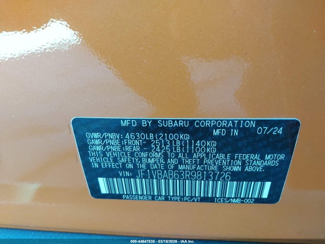Продажа на аукционе авто 2024 Subaru Wrx, vin: JF1VBAB63R9813726, номер лота: 44647538