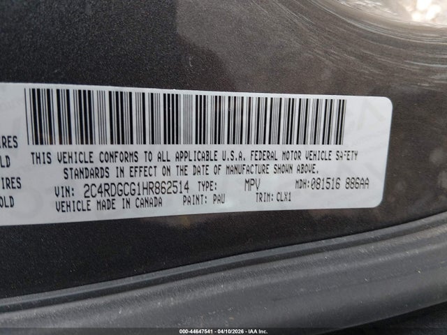 Продаж на аукціоні авто 2017 Dodge Grand Caravan Sxt, vin: 2C4RDGCG1HR862514, номер лоту: 44647541