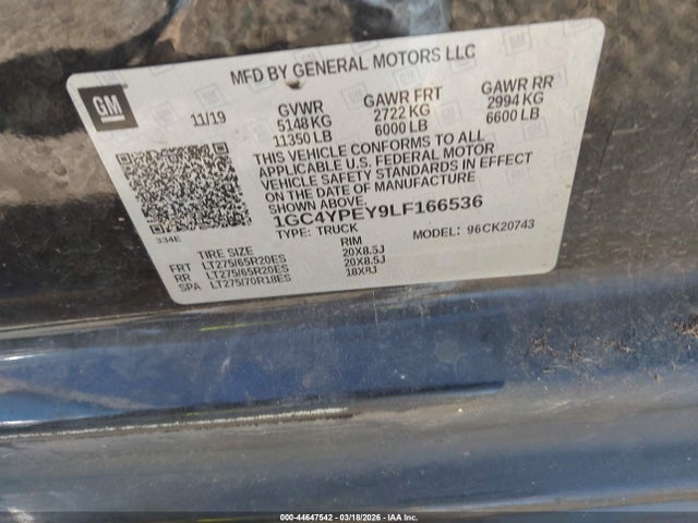 1GC4YPEY9LF166536 Chevrolet Silverado 2500hd 4wd Standard Bed Ltz