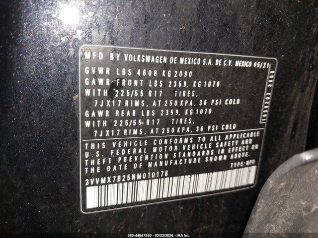 44647550 :رقم المزاد ، 3VVMX7B25NM010176 vin ، 2022 Volkswagen Taos 1.5t S مزاد بيع
