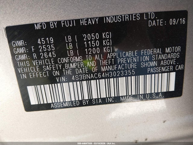 Aukcja sprzedaży 2017 Subaru Legacy 2.5i Premium, vin: 4S3BNAC64H3023355, numer aukcji: 44647559