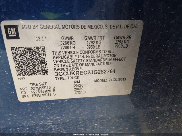 Продаж на аукціоні авто 2018 Chevrolet Silverado 1500 2lt, vin: 3GCUKREC2JG262764, номер лоту: 44647574