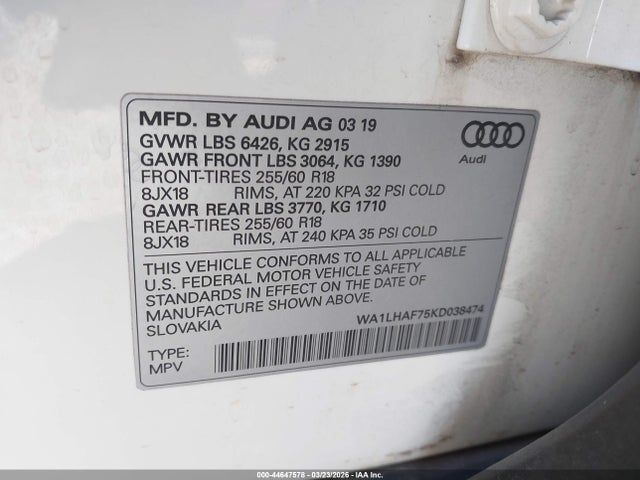 44647578 :رقم المزاد ، WA1LHAF75KD038474 vin ، 2019 Audi Q7 45 Premium/45 Se Premium مزاد بيع