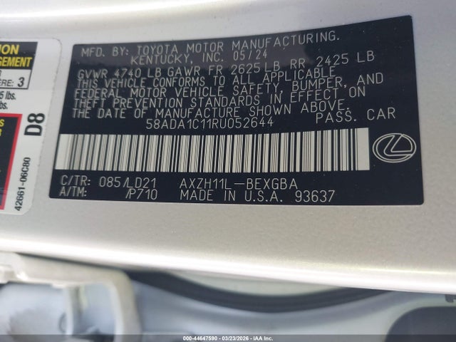 44647590 :رقم المزاد ، 58ADA1C11RU052644 vin ، 2024 Lexus Es 300h مزاد بيع