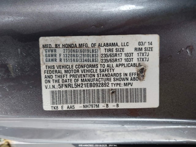 5FNRL5H21EB092892 Honda ODYSSEY LX