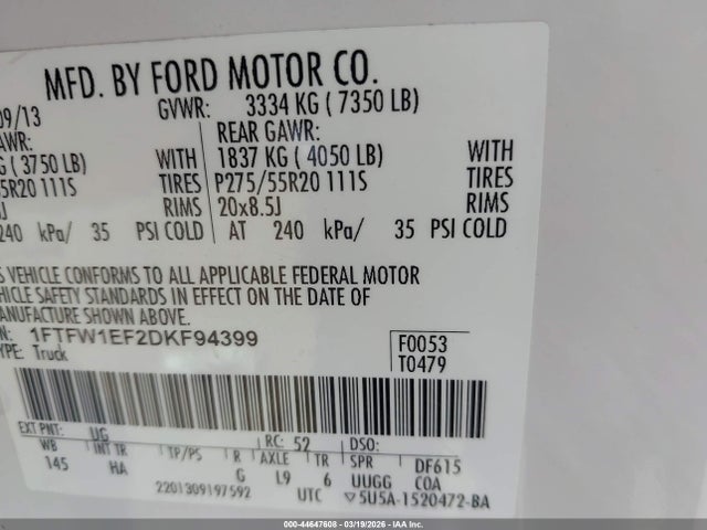 Aukcja sprzedaży 2013 Ford F-150 Lariat, vin: 1FTFW1EF2DKF94399, numer aukcji: 44647608