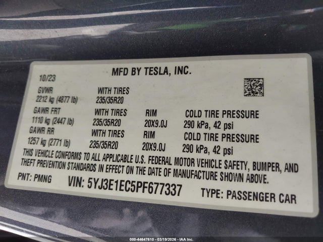 Auction sale of the 2023 Tesla Model 3 Performance Dual Motor All-wheel Drive, vin: 5YJ3E1EC5PF677337, lot number: 44647610