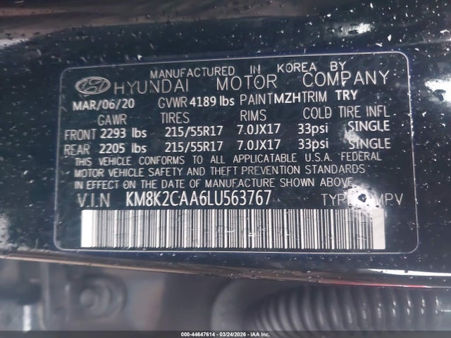 Продаж на аукціоні авто 2020 Hyundai Kona Sel, vin: KM8K2CAA6LU563767, номер лоту: 44647614