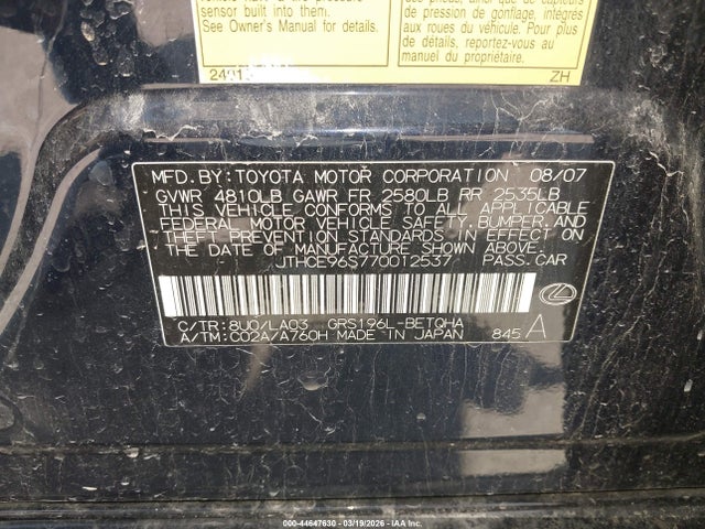 Aukcja sprzedaży 2007 Lexus Gs 350, vin: JTHCE96S770012537, numer aukcji: 44647630