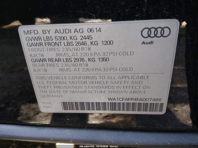 44647638 :رقم المزاد ، WA1CFAFP4FA007486 vin ، 2015 Audi Q5 2.0t Premium مزاد بيع