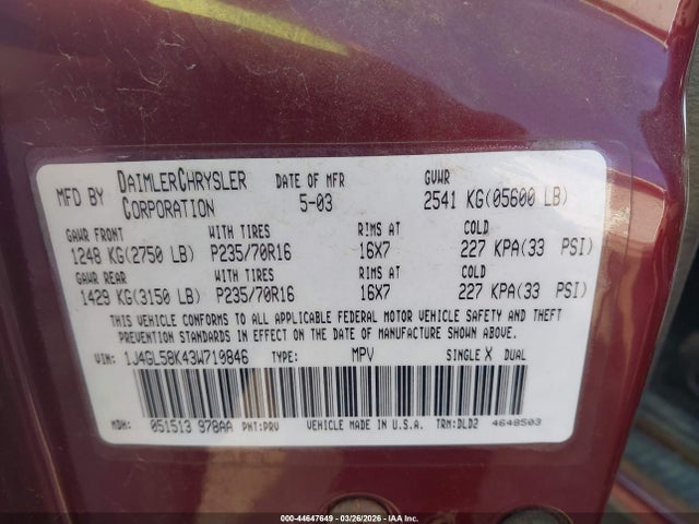 Продаж на аукціоні авто 2003 Jeep Liberty Limited Edition, vin: 1J4GL58K43W710846, номер лоту: 44647649