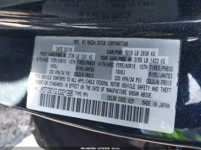 Aukcja sprzedaży 2018 Mazda Cx-9 Touring, vin: JM3TCBCY2J0221996, numer aukcji: 44647654