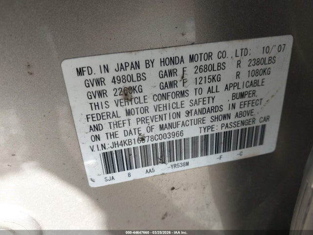 Aukcja sprzedaży 2008 Acura Rl 3.5, vin: JH4KB16578C003966, numer aukcji: 44647660