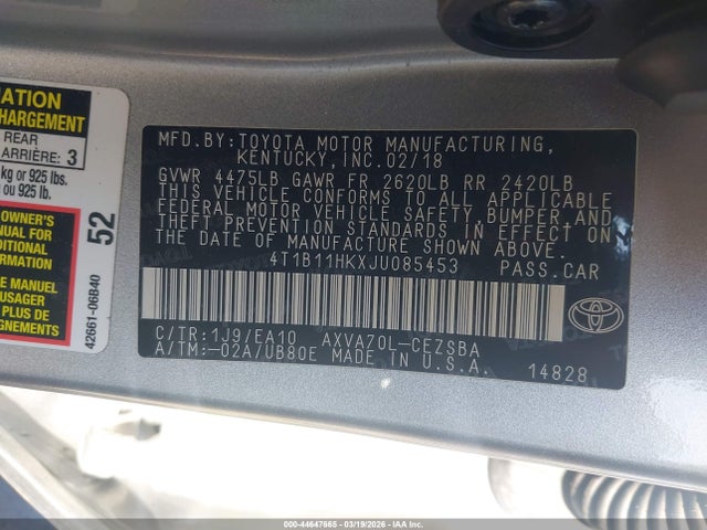 4T1B11HKXJU085453 Toyota CAMRY SE
