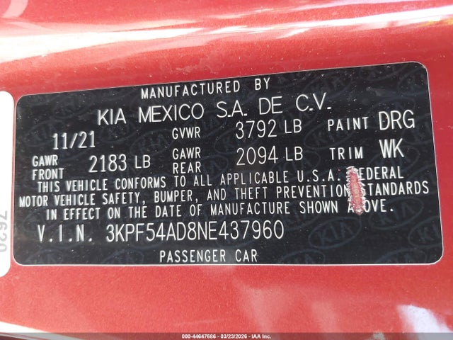 44647686 :رقم المزاد ، 3KPF54AD8NE437960 vin ، 2022 Kia Forte Gt-line مزاد بيع