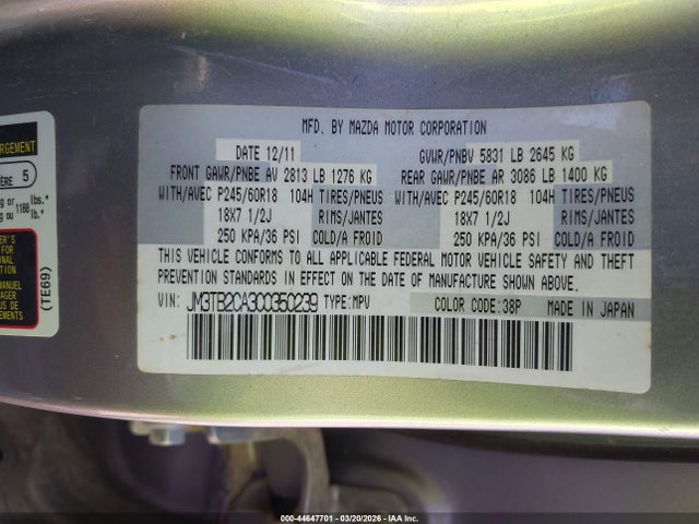 44647701 :رقم المزاد ، JM3TB2CA3C0350239 vin ، 2012 Mazda Cx-9 Touring مزاد بيع