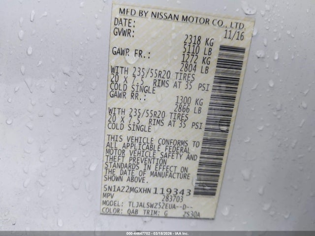 5N1AZ2MGXHN119343 Nissan Murano Platinum