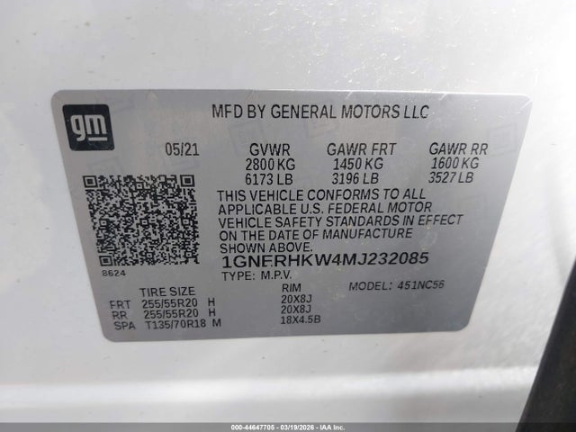 1GNERHKW4MJ232085 Chevrolet Traverse Fwd Lt Leather