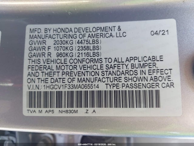 1HGCV1F33MA065514 Honda Accord Sport