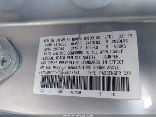 Aukcja sprzedaży 2012 Acura Tsx 2.4, vin: JH4CU2F62CC017134, numer aukcji: 44647718