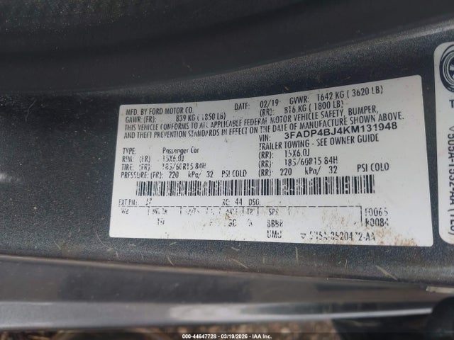 Продажа на аукционе авто 2019 Ford Fiesta Se, vin: 3FADP4BJ4KM131948, номер лота: 44647728