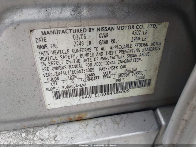 2006 NISSAN ALTIMA 1N4AL11D06N384009 Photo 8