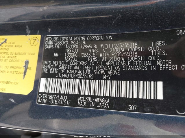 44647734 :رقم المزاد ، JTJHA31U440036182 vin ، 2004 Lexus Rx 330 مزاد بيع