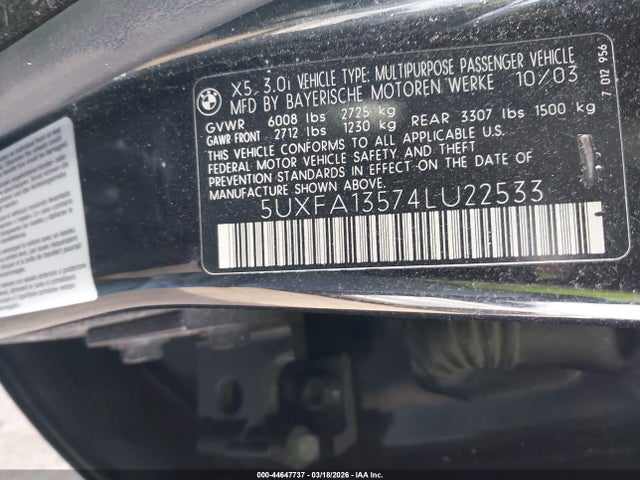 Aukcja sprzedaży 2004 Bmw X5 3.0i, vin: 5UXFA13574LU22533, numer aukcji: 44647737