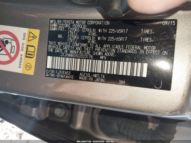 44647746 :رقم المزاد ، JTJYARBZ6G2023178 vin ، 2016 Lexus Nx 200t مزاد بيع