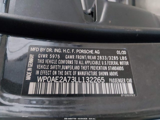 Auction sale of the 2020 Porsche Panamera E-hybrid 4, vin: WP0AE2A73LL132265, lot number: 44647750