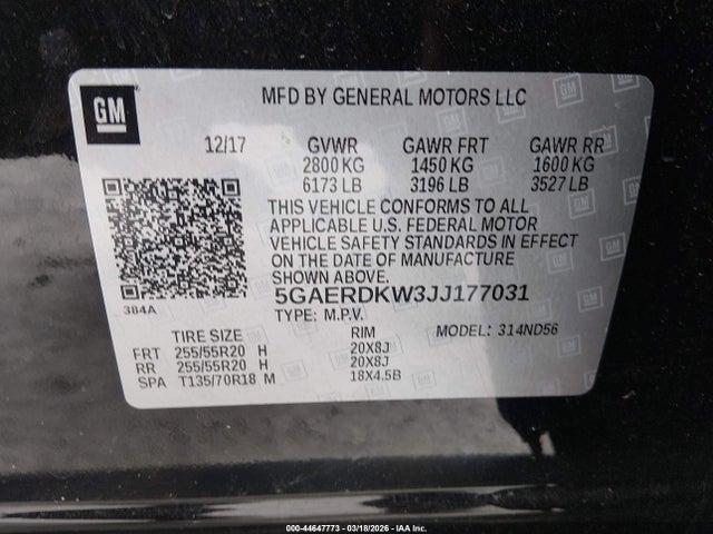 44647773 :رقم المزاد ، 5GAERDKW3JJ177031 vin ، 2018 Buick Enclave Avenir مزاد بيع
