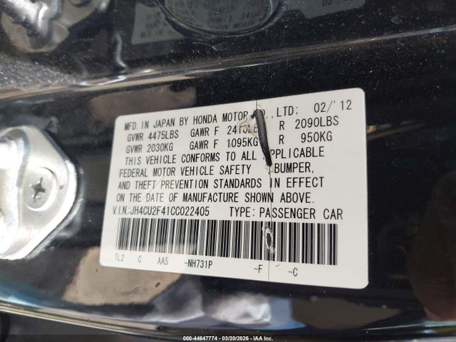 Aukcja sprzedaży 2012 Acura Tsx 2.4, vin: JH4CU2F41CC022405, numer aukcji: 44647774