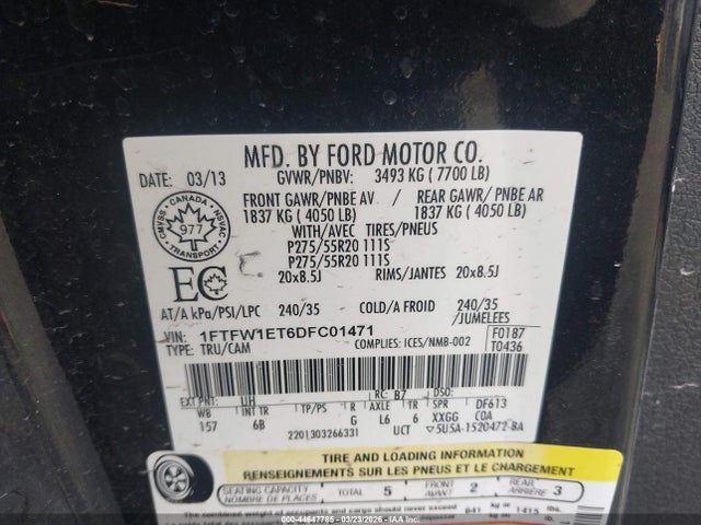 2013 Ford F-150 Fx4 მანქანა იყიდება აუქციონზე, vin: 1FTFW1ET6DFC01471, აუქციონის ნომერი: 44647785