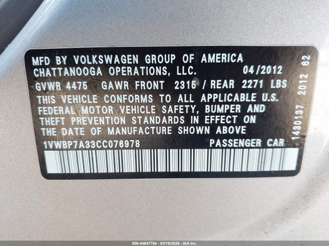 Продаж на аукціоні авто 2012 Volkswagen Passat 2.5l Se, vin: 1VWBP7A33CC076978, номер лоту: 44647794