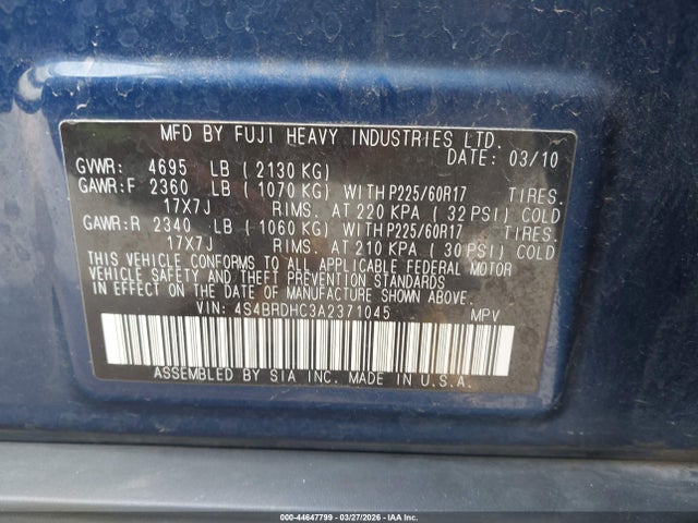 44647799 :رقم المزاد ، 4S4BRDHC3A2371045 vin ، 2010 Subaru Outback 3.6r Premium مزاد بيع