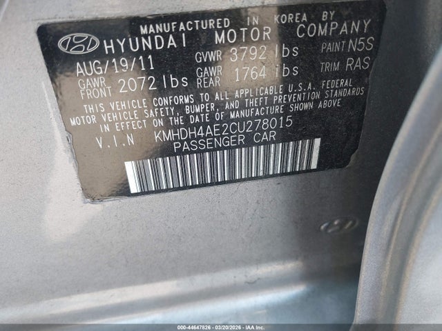 44647826 :رقم المزاد ، KMHDH4AE2CU278015 vin ، 2012 Hyundai Elantra Gls (ulsan Plant) مزاد بيع