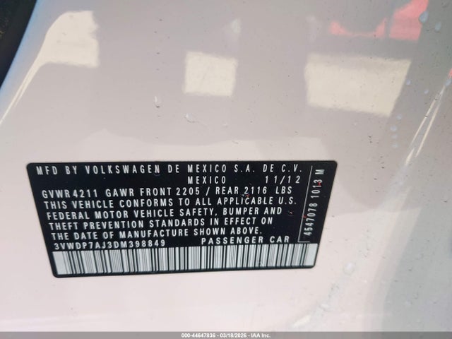 44647836 :رقم المزاد ، 3VWDP7AJ3DM398849 vin ، 2013 Volkswagen Jetta Se مزاد بيع