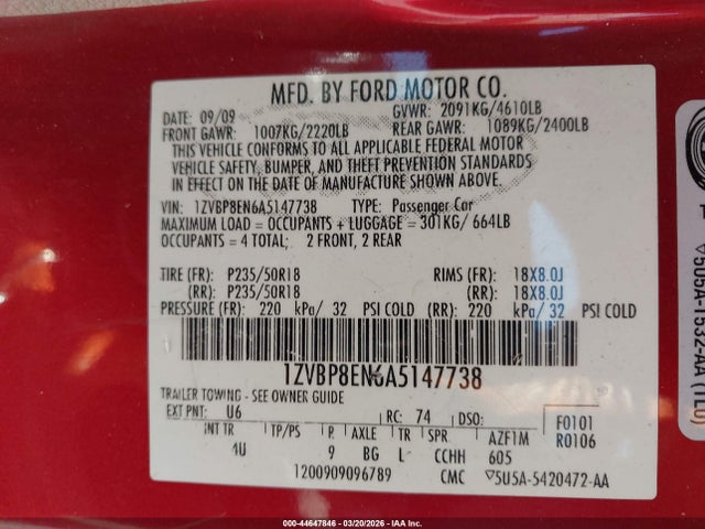 2010 FORD MUSTANG 1ZVBP8EN6A5147738 Photo 8