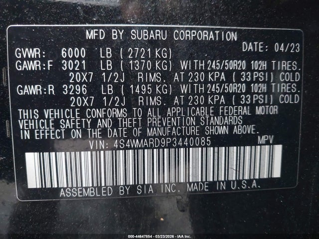 Продаж на аукціоні авто 2023 Subaru Ascent Limited 8-passenger, vin: 4S4WMARD9P3440085, номер лоту: 44647854