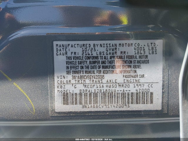 3N1AB8CV9SY420095 Nissan SENTRA SV