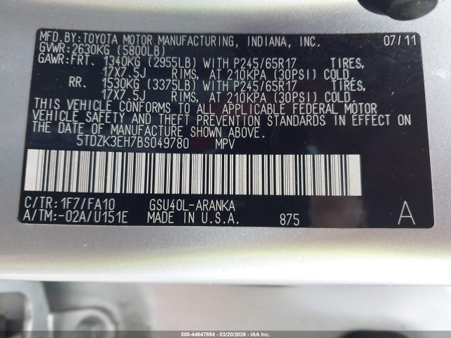 Auction sale of the 2011 Toyota Highlander Base V6/se V6, vin: 5TDZK3EH7BS049780, lot number: 44647894
